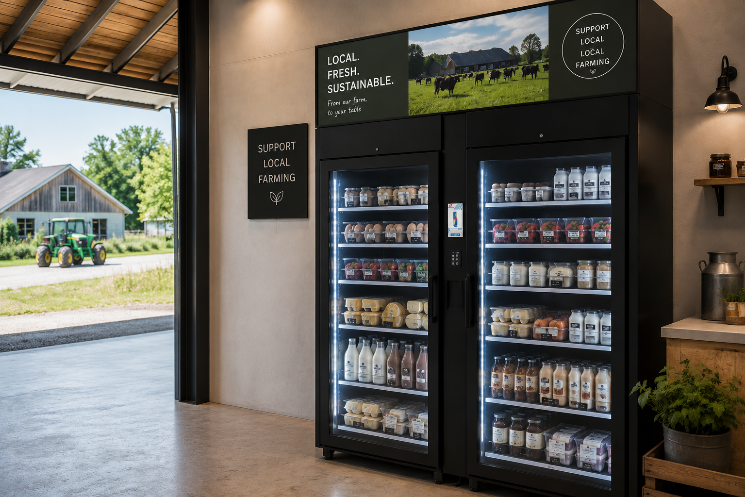 Two black refrigerated vending machines filled with dairy and produce products inside a store with a view of a farm outside.