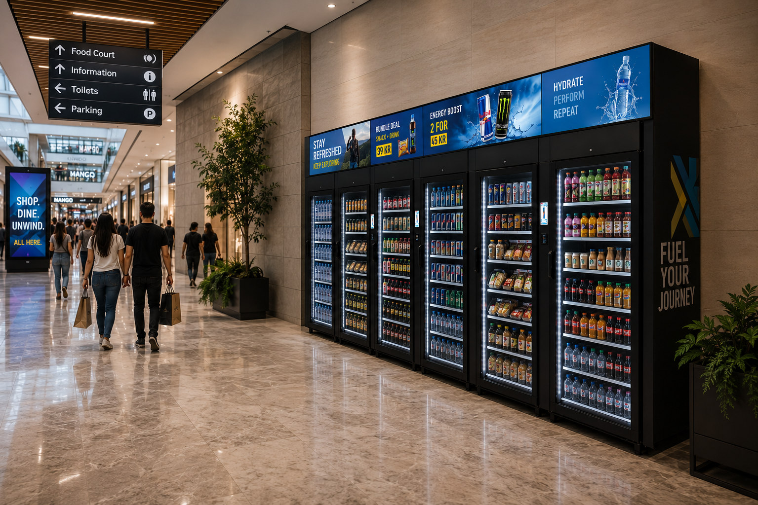 People walking past vending machines in a shopping mall, with signs indicating food court, information, toilets, and parking nearby.