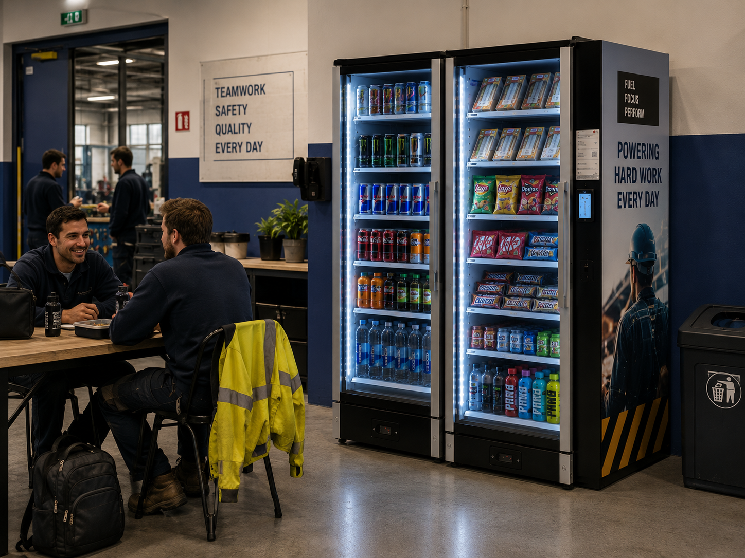 People sitting at a table in an industrial-style break room next to vending machines with snacks and drinks.