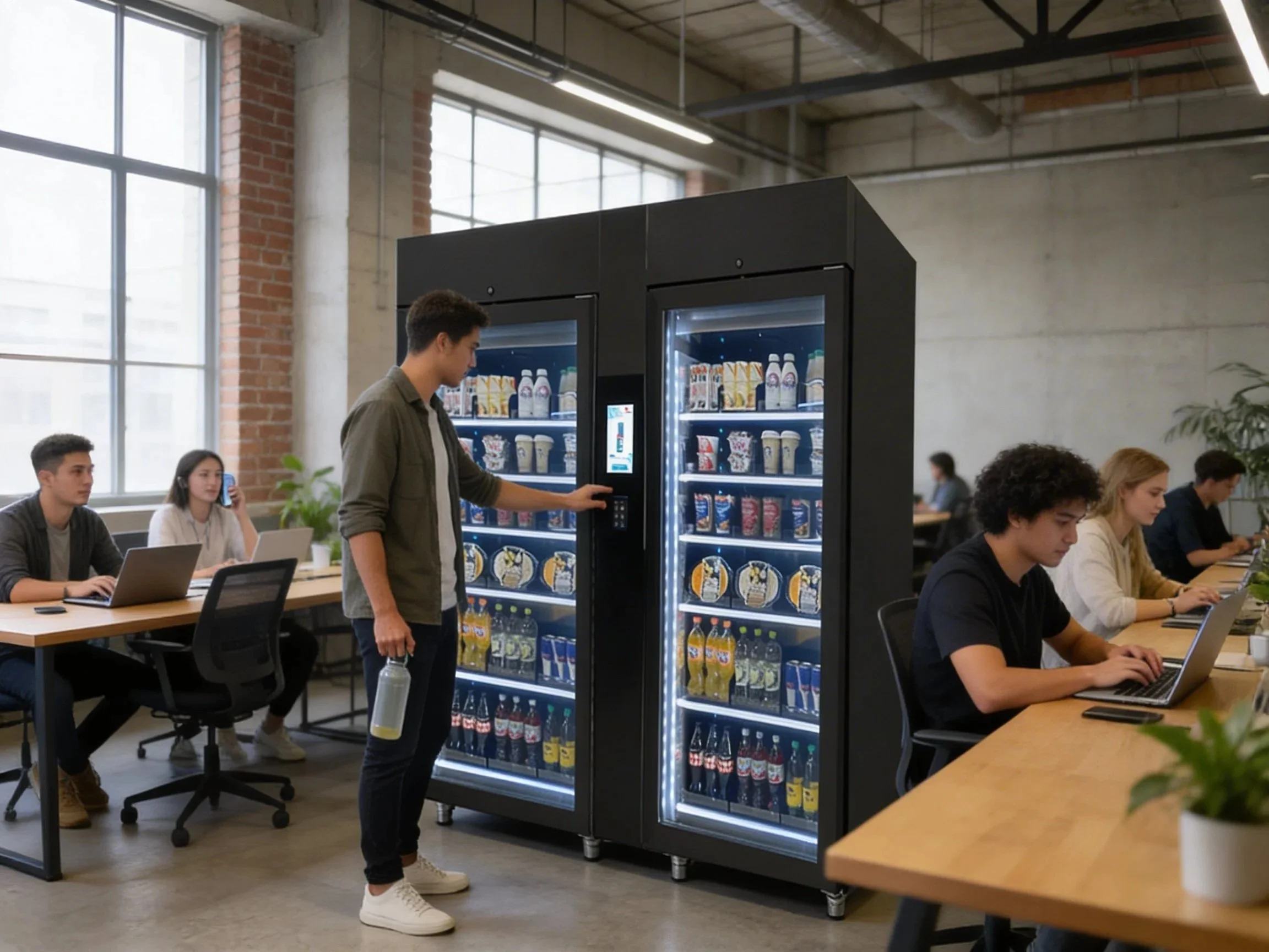 People working on laptops in a modern office with a vending machine.