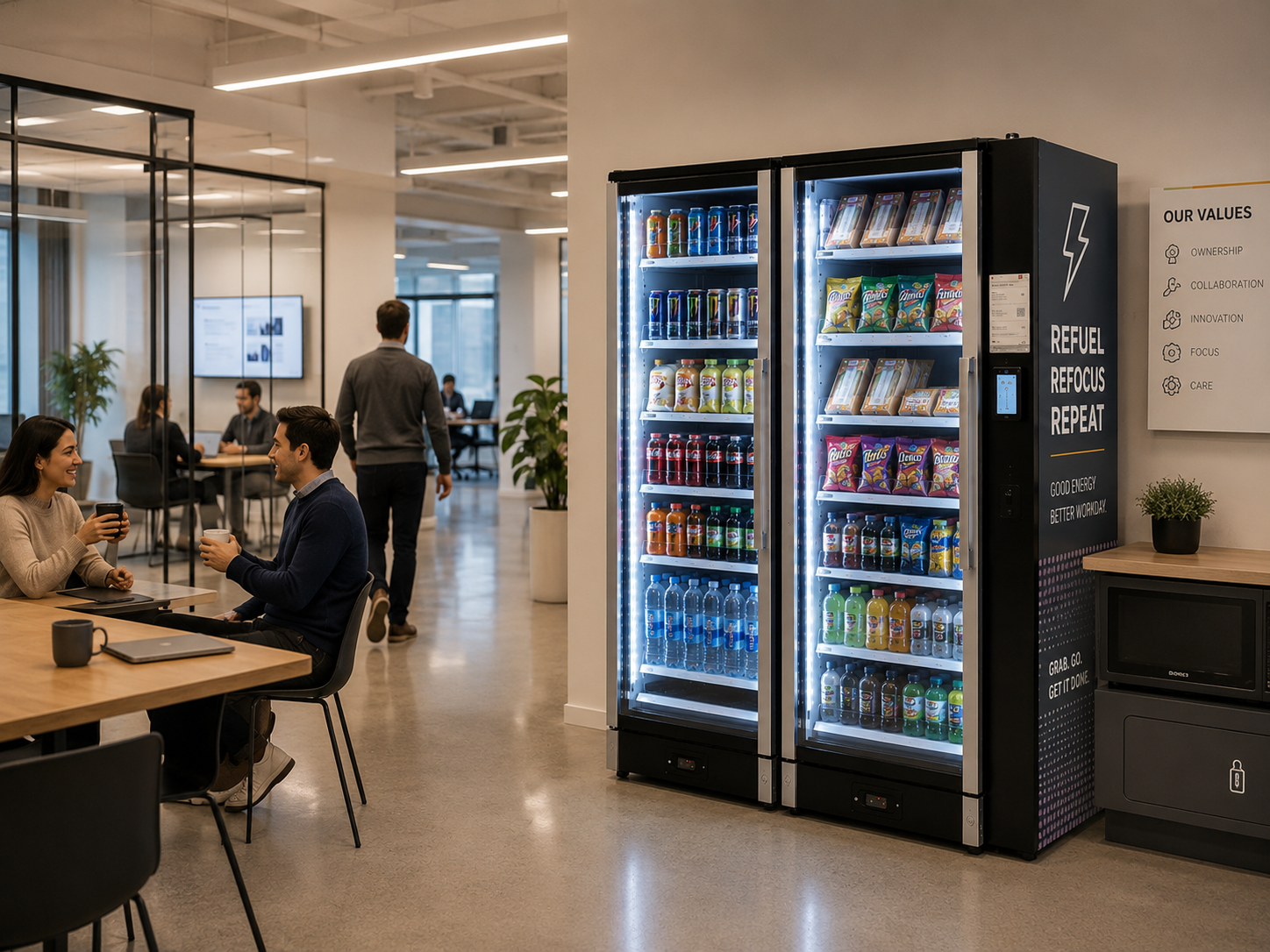 Office break room with vending machines and employees socializing at a table.