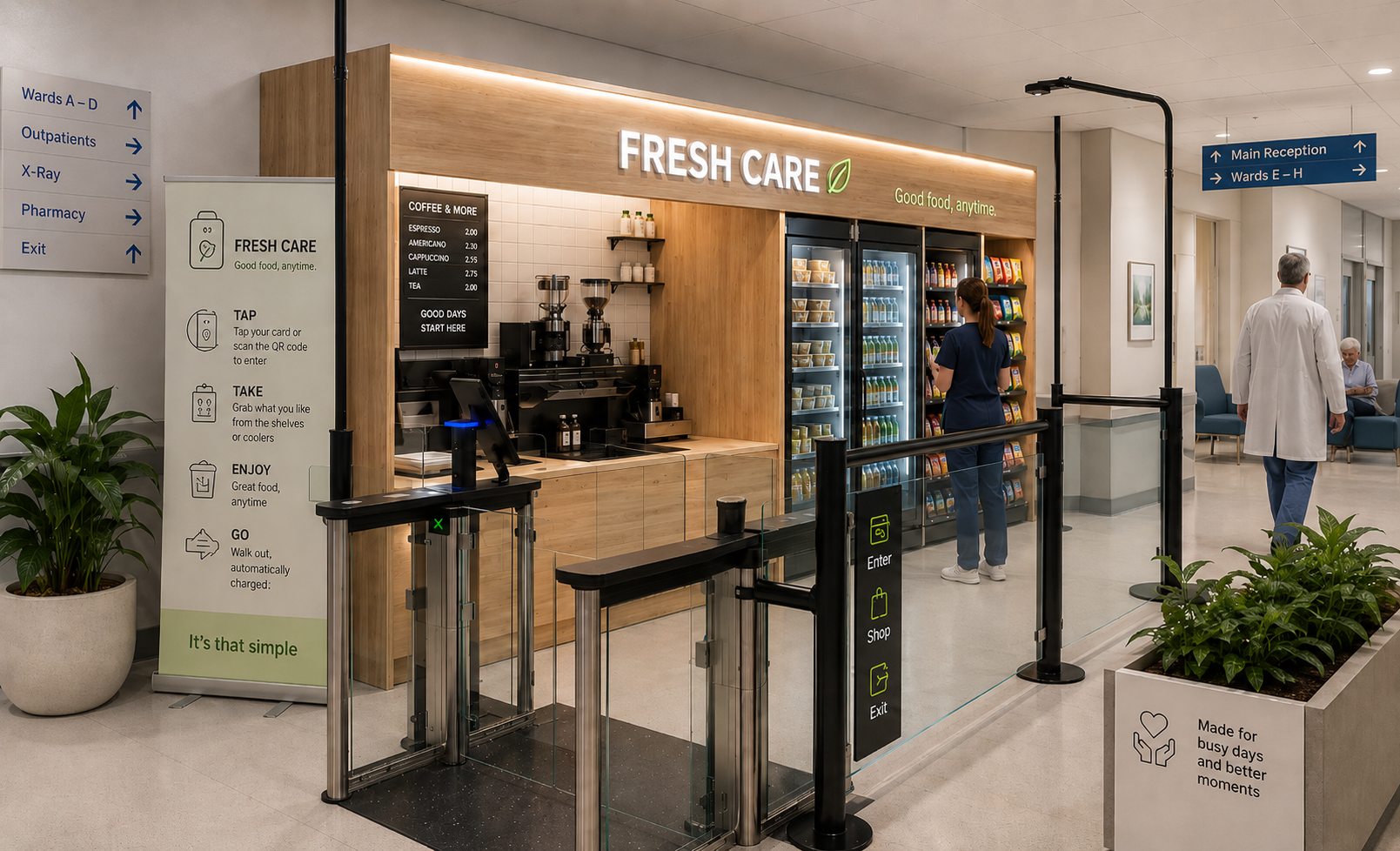 A hospital or healthcare facility waiting area with a fresh food and coffee stand named 'Fresh Care'. Two signs indicate directions to various hospital departments. The area features potted plants, modern seating, and medical staff, including a nurse