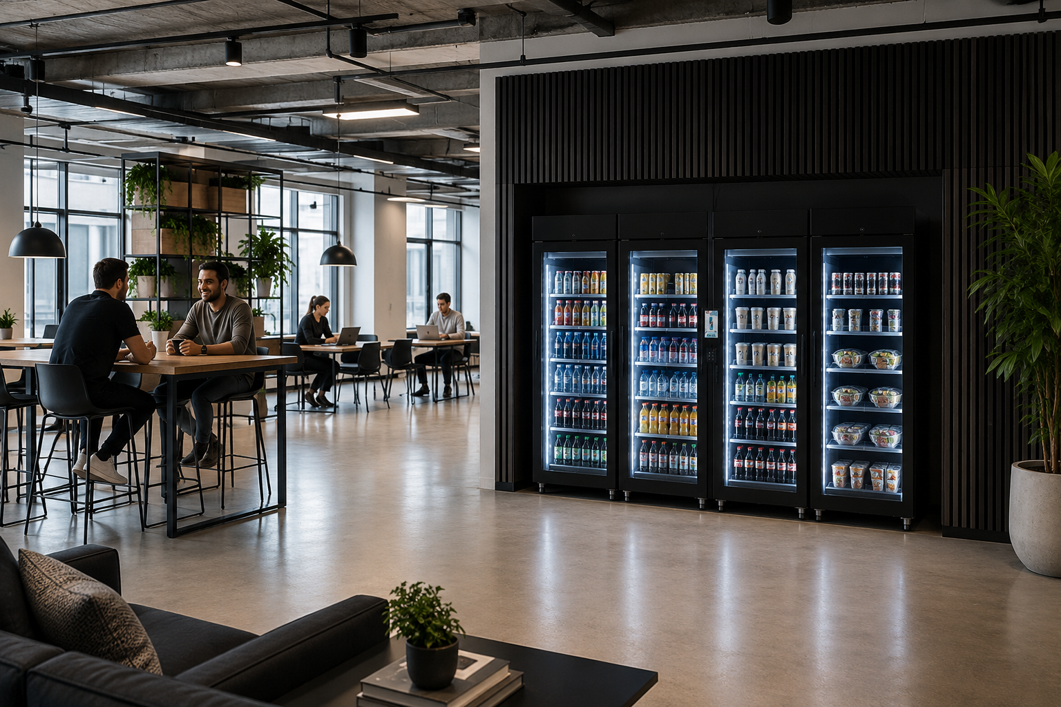 Modern office space with people working on laptops, a coffee vending machine, and plants.