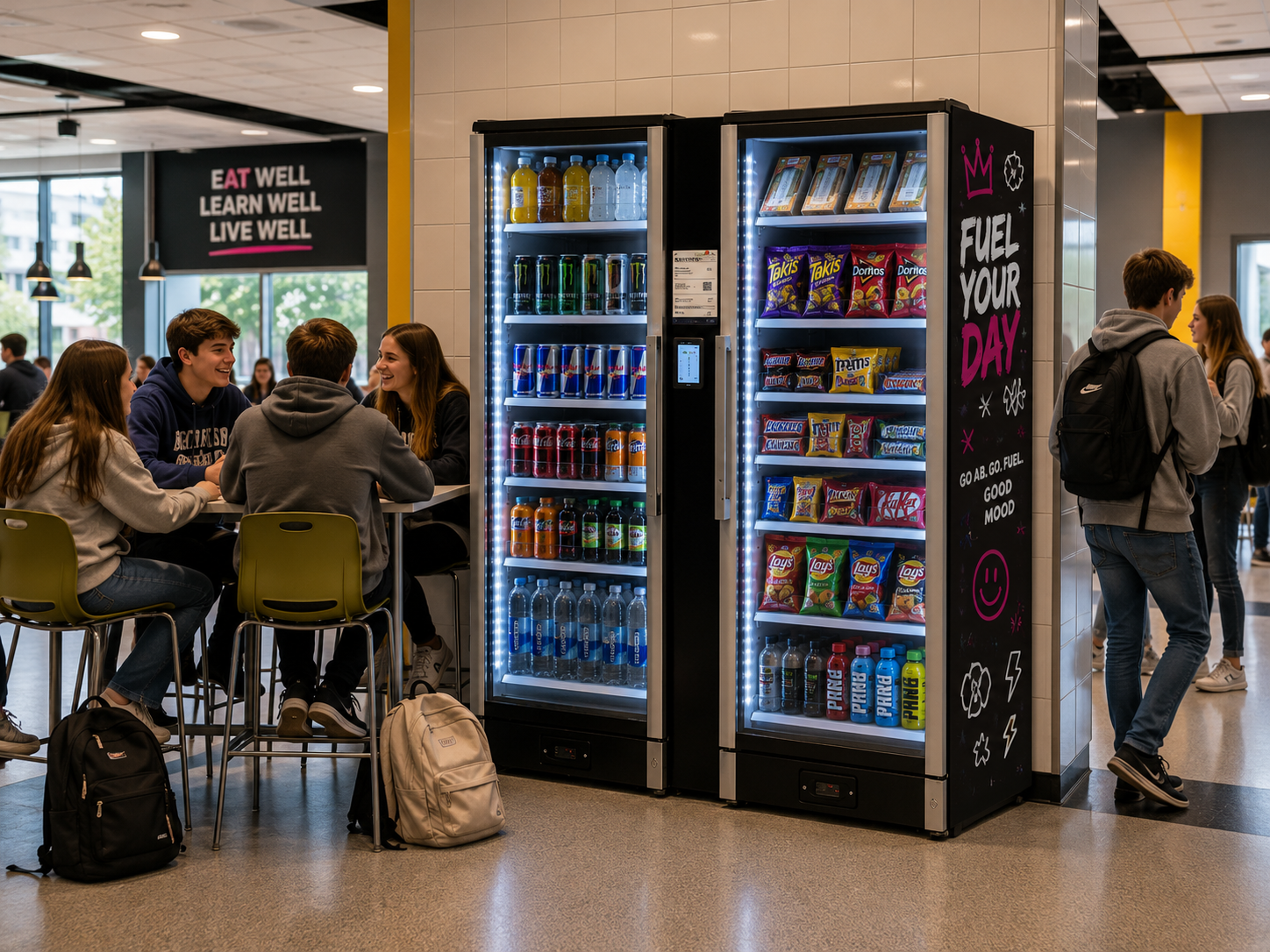 A group of four teenagers sitting at a table, engaged in conversation, inside a modern cafeteria. Two vending machines filled with drinks and snacks are next to them, and a digitally decorated sign reads 'Fuel Your Day' with motivational messages. Ot