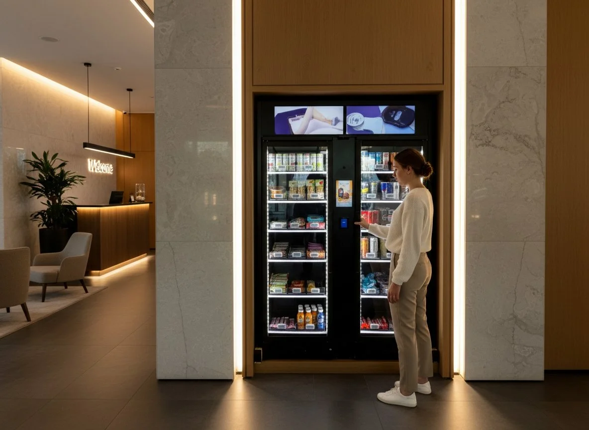 A woman in beige pants and a white sweater using a vending machine in a modern hotel lobby, with a reception desk and seating area in the background.