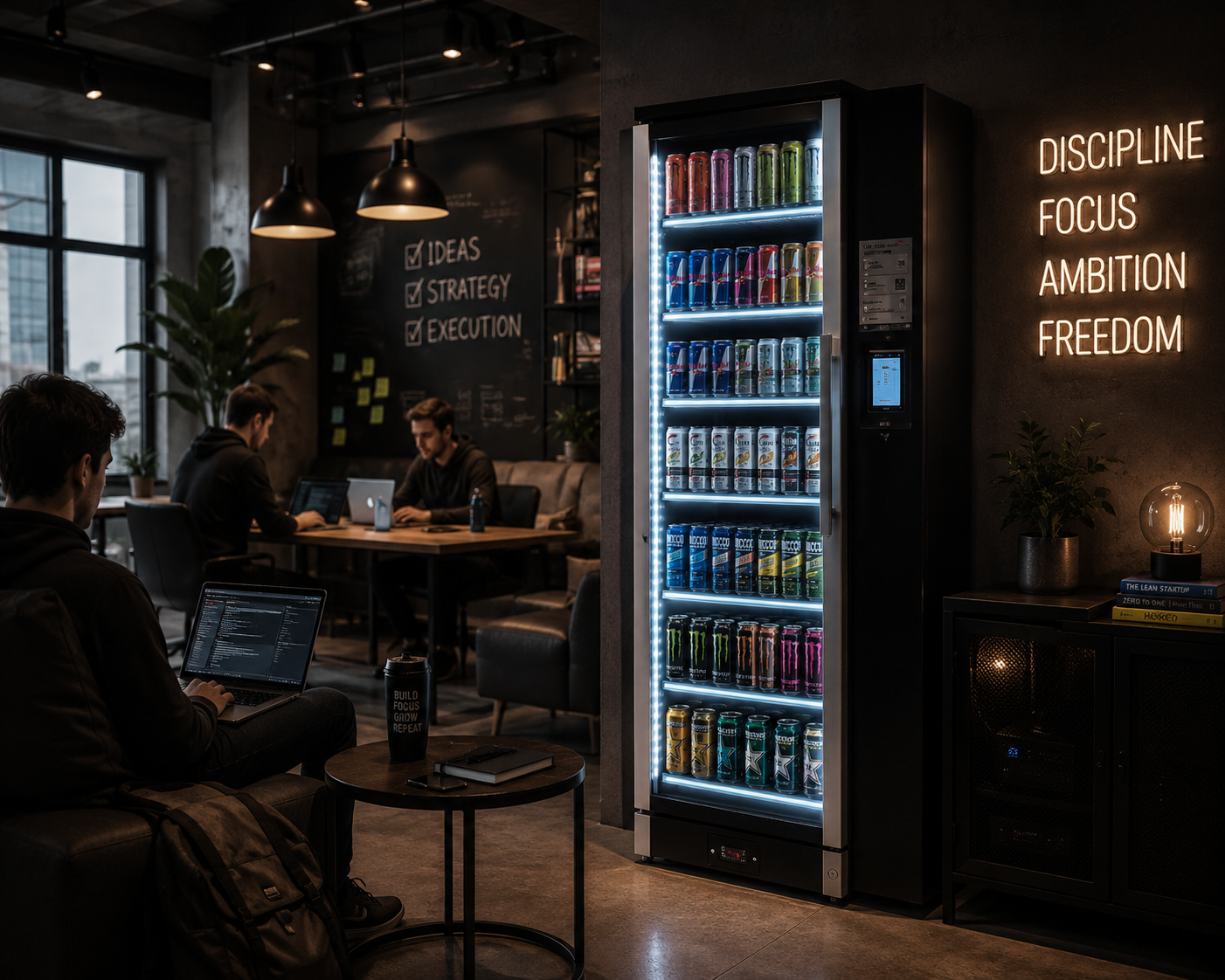 A modern coworking space with three men working on laptops, a vending machine filled with energy drinks, and motivational neon signs on the wall.