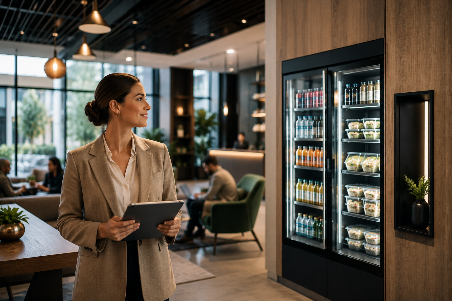 A professional woman in a beige blazer holding a tablet, looking towards a MAIKOZ Grab & Go Smart Fridge with drinks and salads in a modern office lounge or cafe setting.