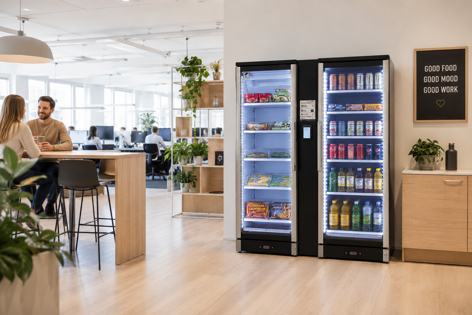 Two vending machines filled with snacks and drinks inside a modern open office space. A woman and a man are sitting at a high table, chatting. Office workers are working at computers in the background. Plants and a signboard with motivational words a