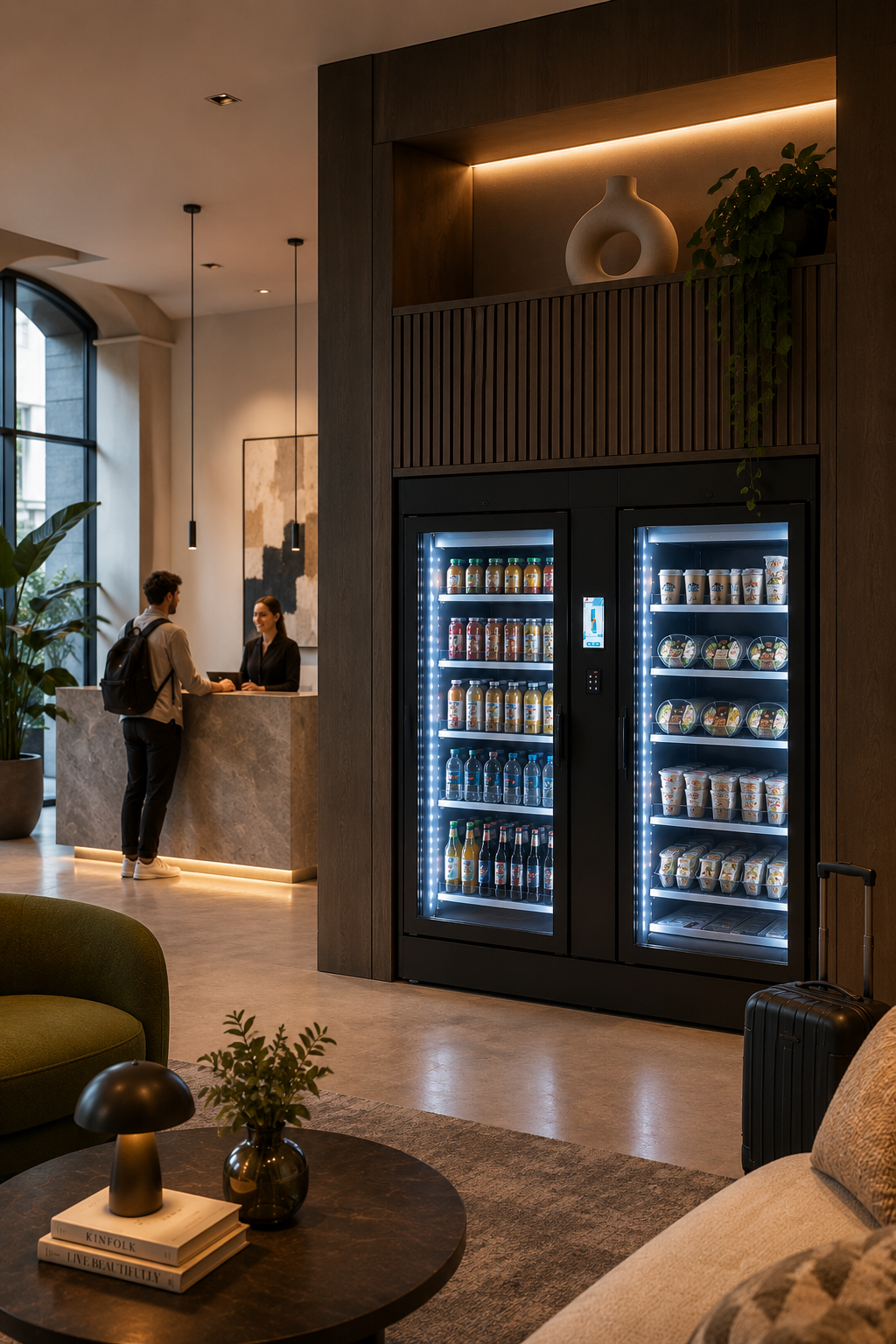 Modern hotel lobby with a check-in counter, two people engaging in conversation, a vending machine filled with drinks and snacks, a small black suitcase next to a sofa, and decorative items like a potted plant, a vase, and books on a coffee table.