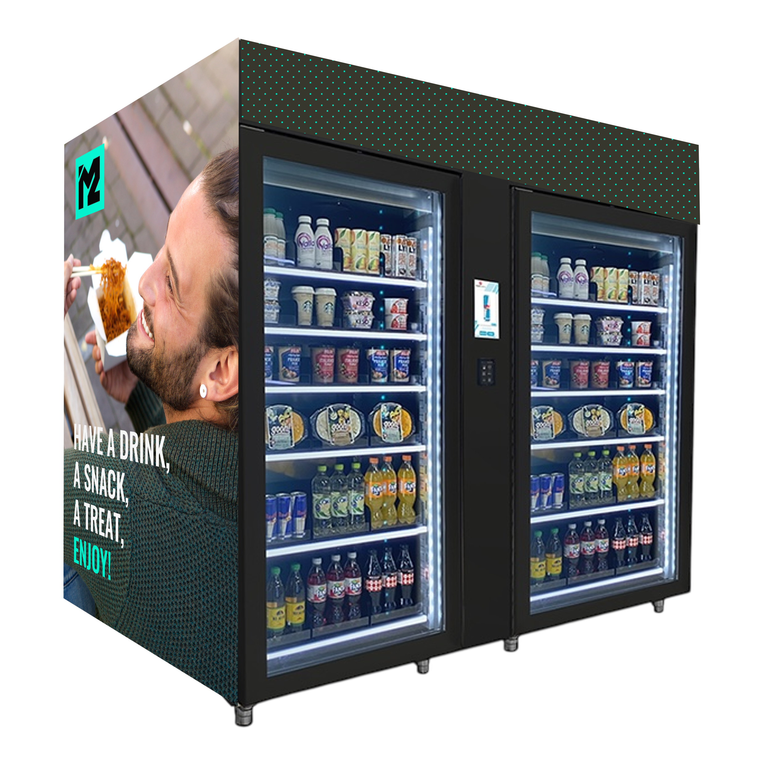 A vending machine filled with various drinks and snacks, with a side advertisement showing a man enjoying noodles and the text 'Have a drink, a snack, a treat, enjoy!'
