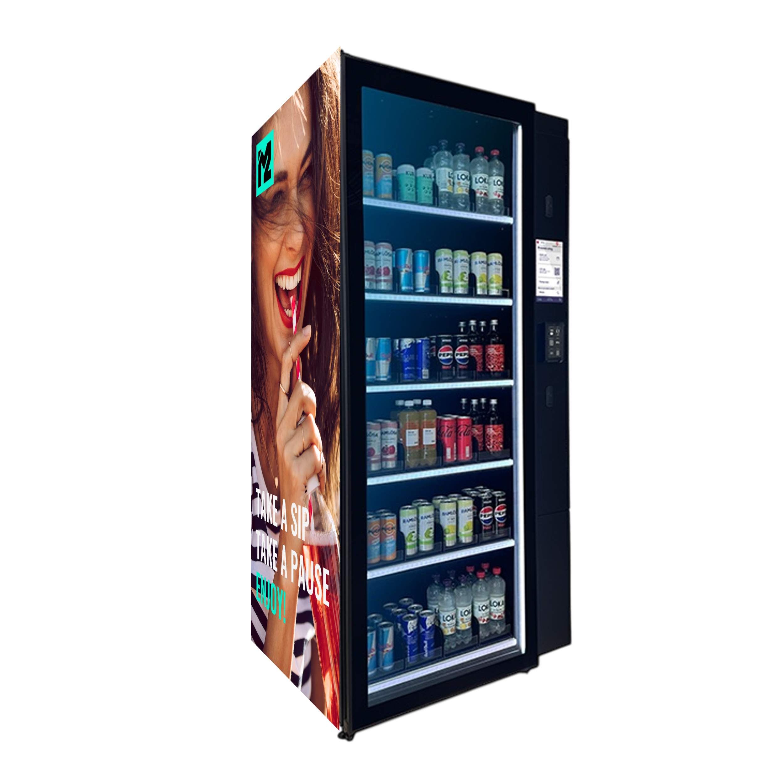 Vending machine with beverages including soda, water, and juice, displaying a large advertising poster of a woman smiling and holding a glass of wine, with the text "Take a sip, take a pause, enjoy!"