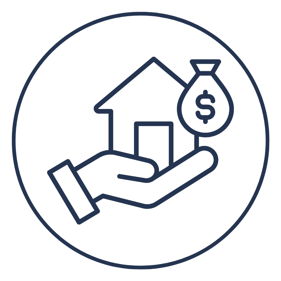 Line drawing of a hand holding a house and a money bag with a dollar sign, all inside a circle.