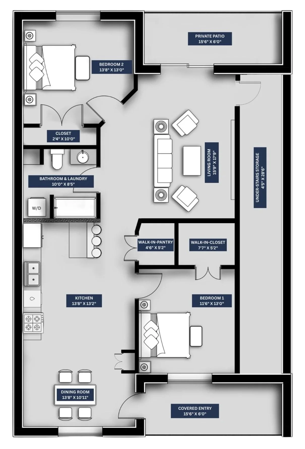 Floor plan of a residential apartment with rooms labeled and measurements, including bedrooms, living room, kitchen, dining room, bathrooms, storage areas, walk-in closets, pantry, and patio.
