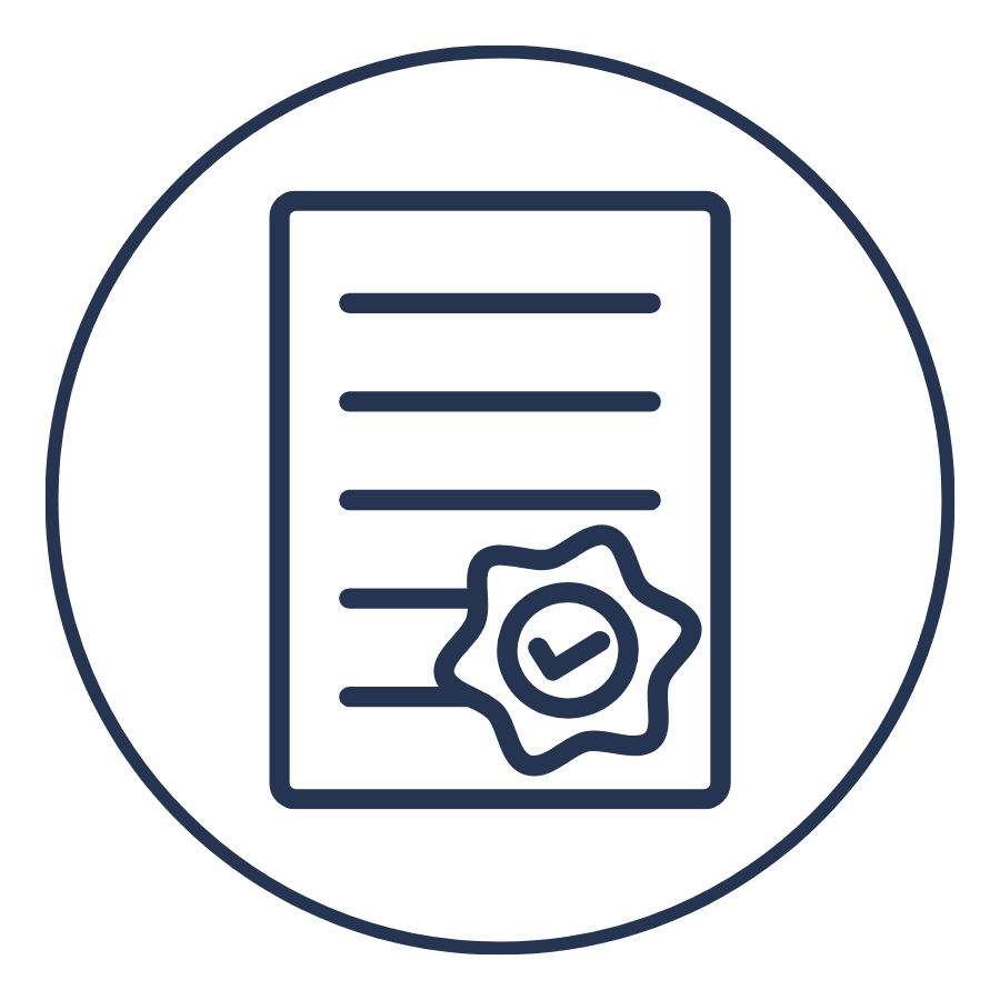 Certification or approval document icon with a badge and checkmark inside a circle.