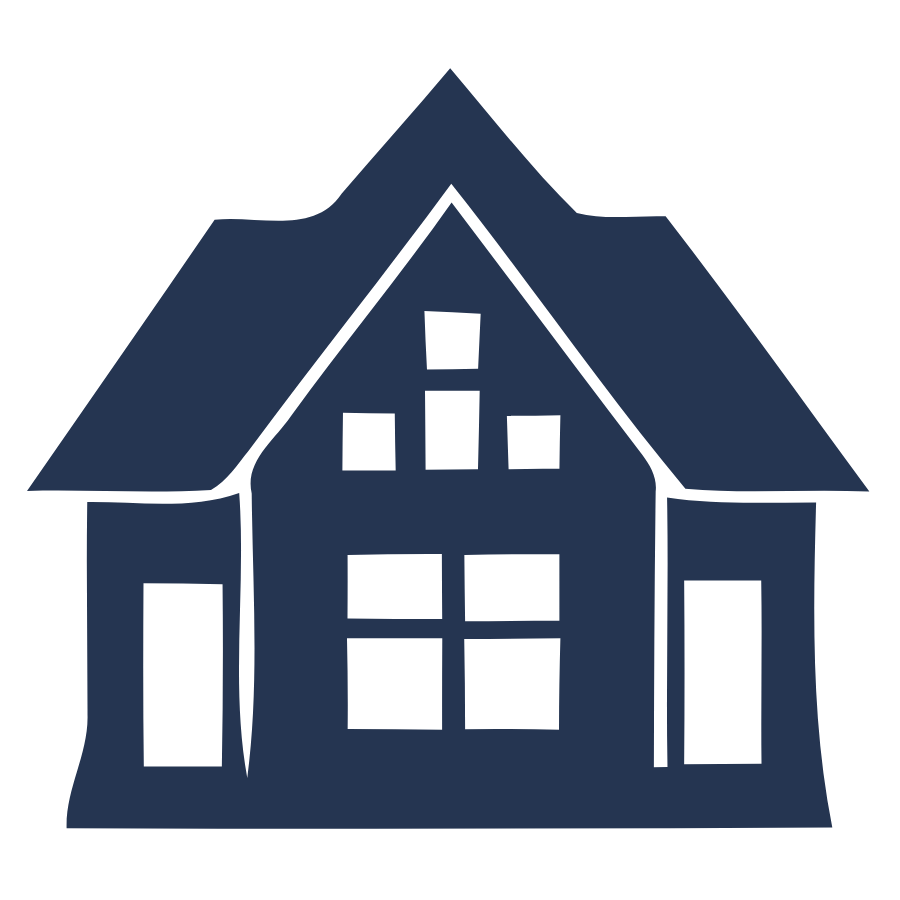 Outline drawing of a house with a steep roof, several windows, and a central door.