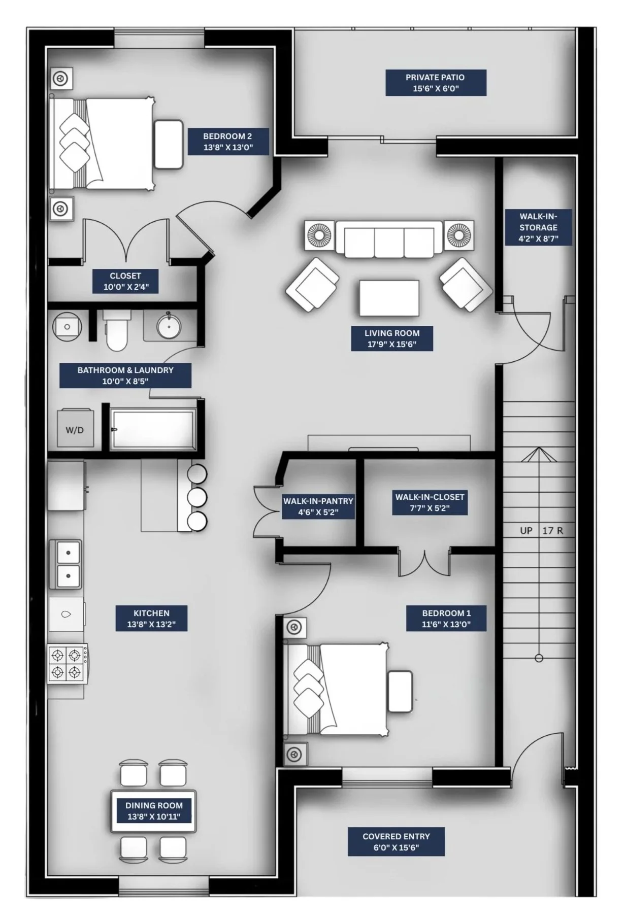 Floor plan of a house showing rooms including a covered entry, dining room, kitchen, bedroom 1, walk-in closets, walk-in pantry, living room, bathroom with laundry, bedroom 2, closets, a private patio, walk-in storage, and staircase.