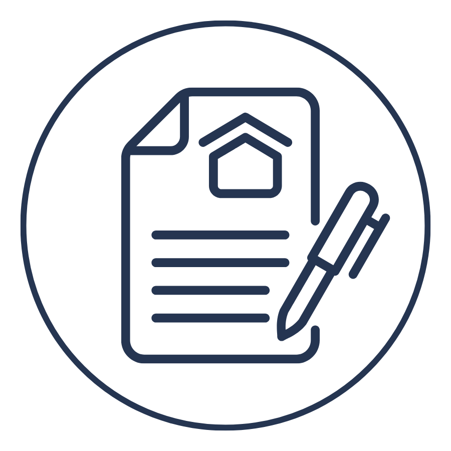 Icon of a document with a house symbol, accompanied by a pen, inside a circle.