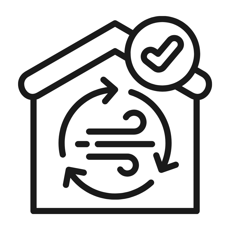 A house icon with a magnifying glass and a checkmark, representing inspection or approval of a process.