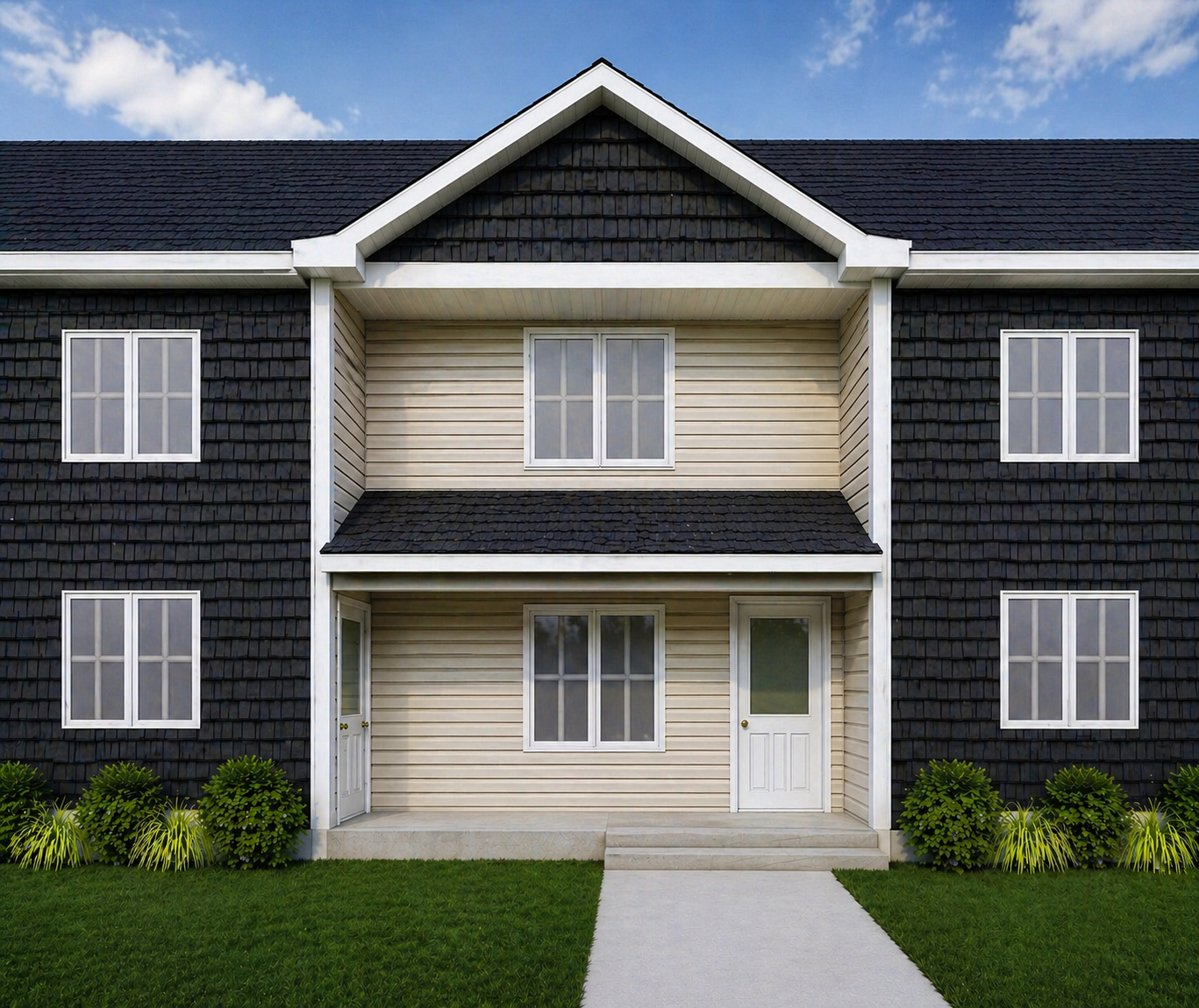 Exterior view of a two-story residential building with black and beige siding, multiple windows, and a small front porch with steps surrounded by green bushes and grass.