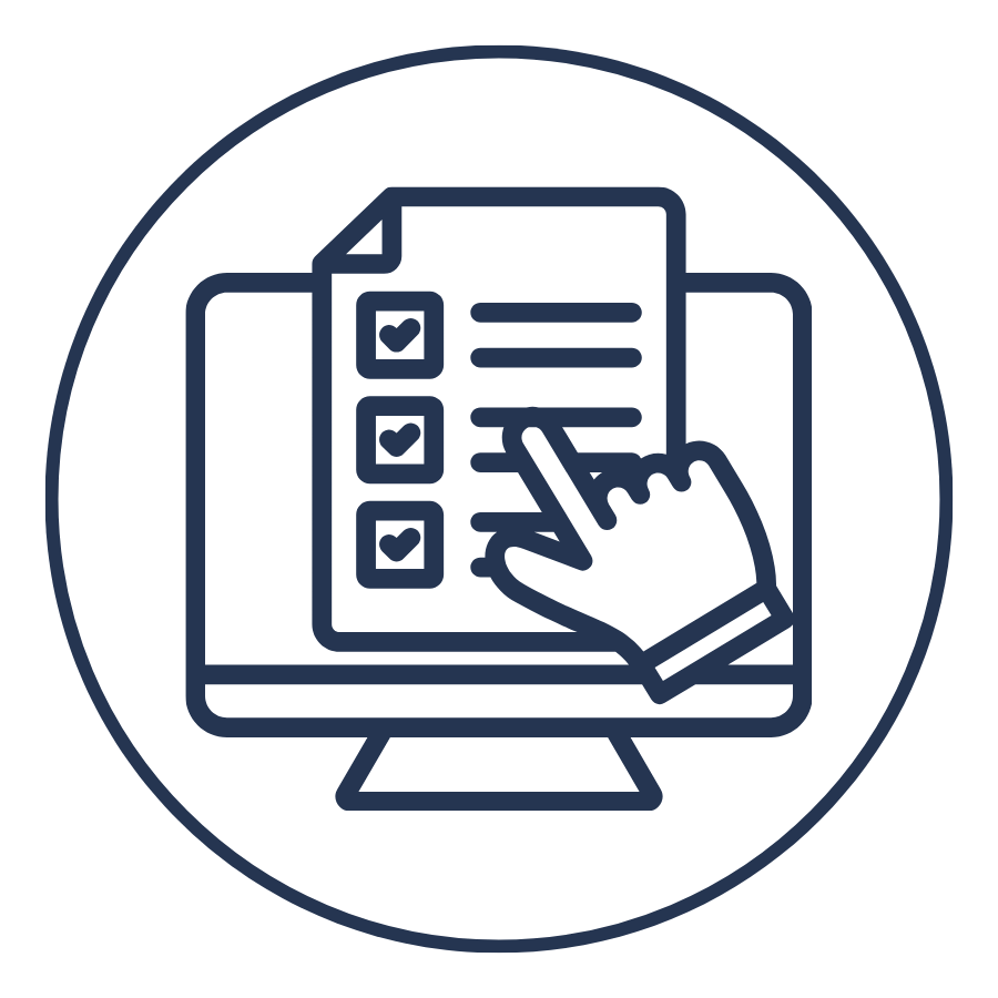 An icon of a computer monitor with a checklist on the screen and a hand pointing at it.