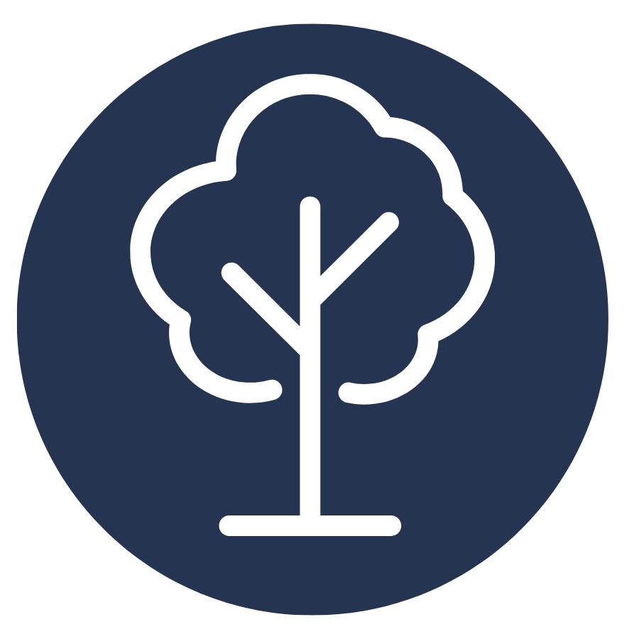 Icon of a tree with a cloud-shaped top outline on a dark blue circular background.