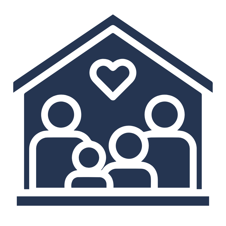 Outline of a house with four people inside and a heart above them, symbolizing family love.