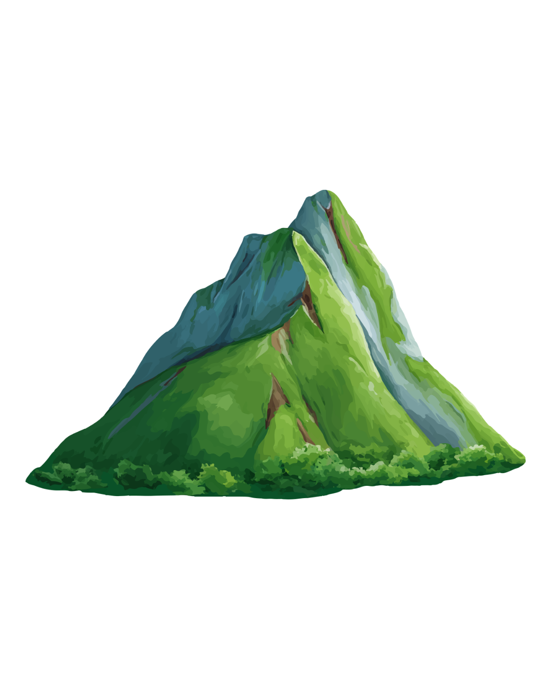 Illustration of a mountain with green slopes and a snow-capped peak.