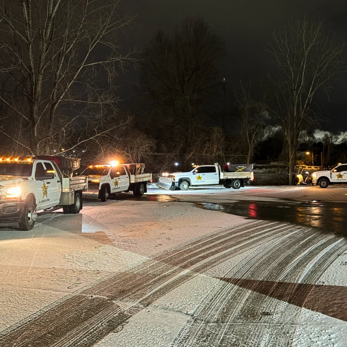 Nighttime scene with snow-covered ground and several police or emergency vehicles with flashing lights, parked on a snowy lot, with leafless trees and dark sky in the background.