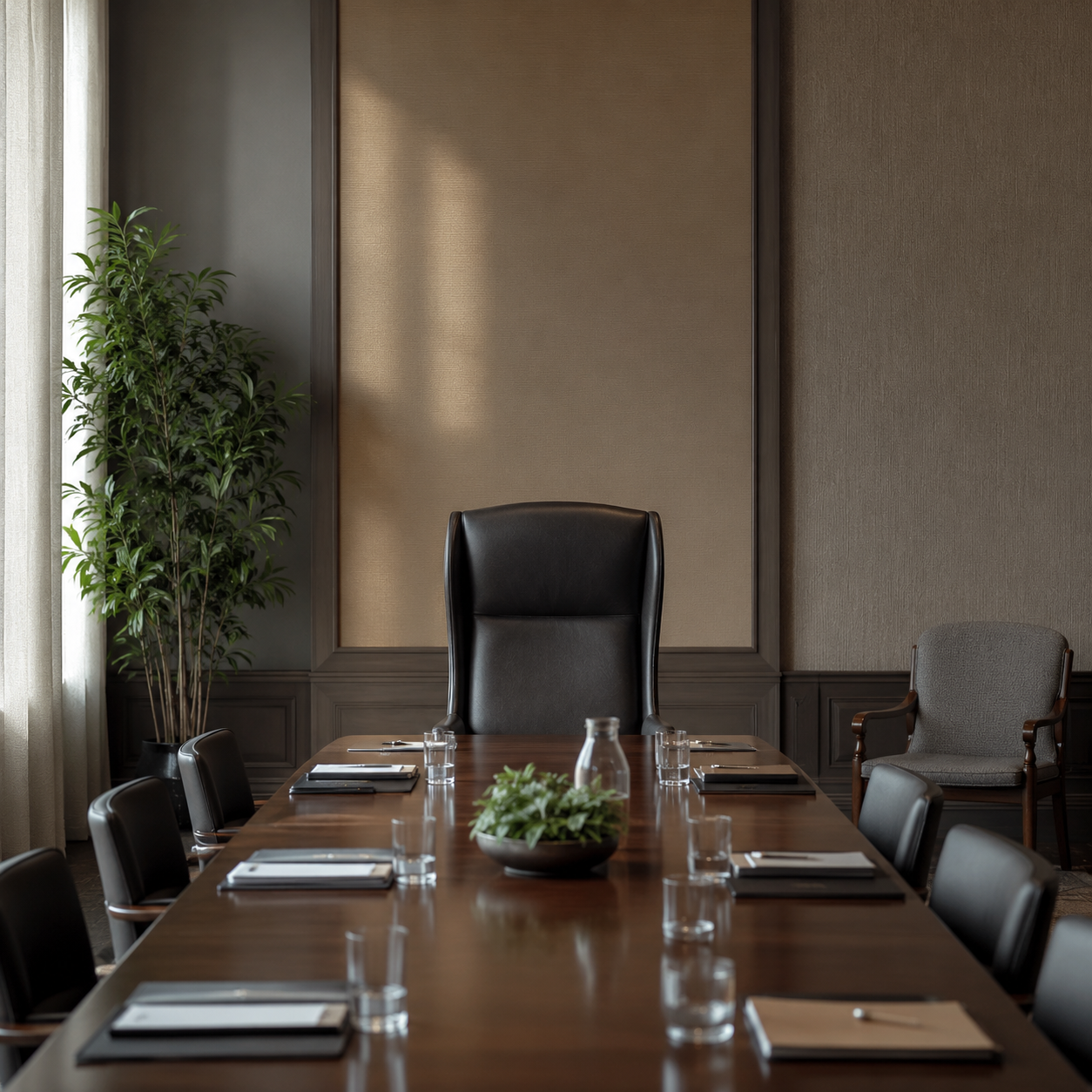 A formal meeting room with a large empty chair positioned at the head of a polished wooden table. Smaller chairs sit around the table, with one chair slightly set apart to the side.