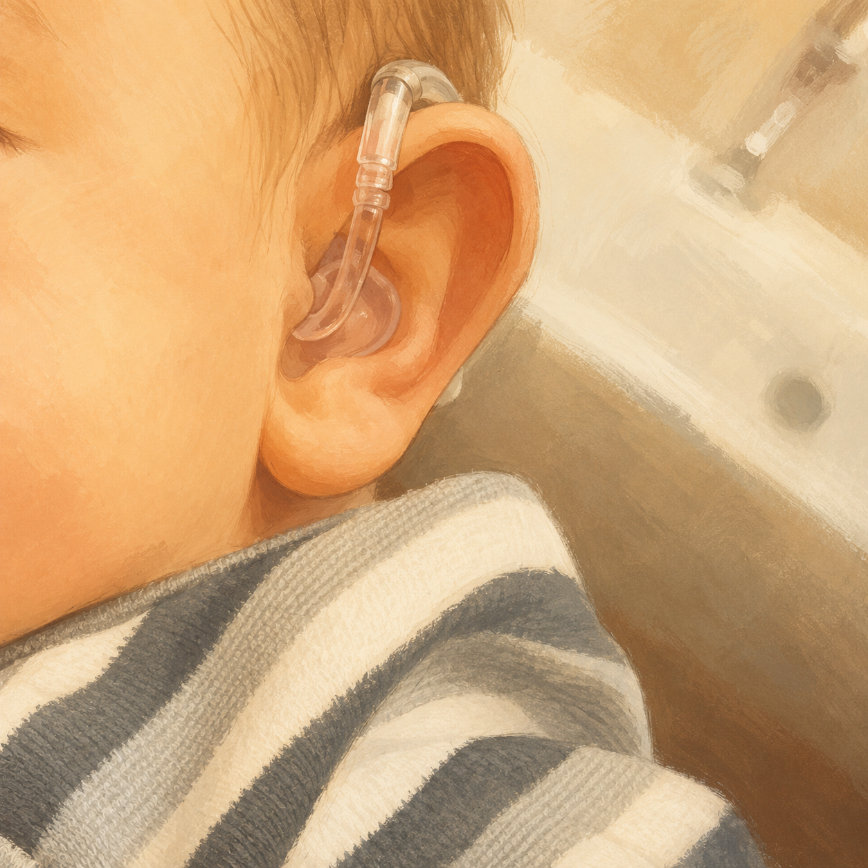 Warm illustrated close-up of a baby’s ear wearing a clear hearing aid, with part of the cheek and grey-and-white striped clothing visible against a softly textured background.