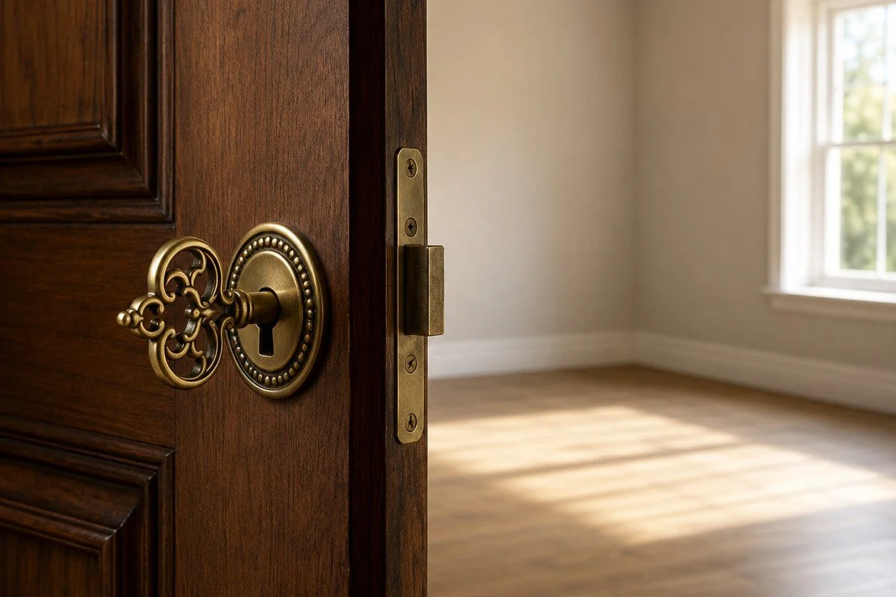 A decorative key inserted into the lock of a wooden door. The door is slightly open, revealing an empty room beyond with no visible furniture or seating.