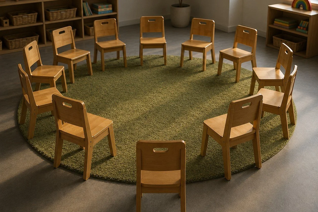 A children's activity room containing a circle of matching wooden chairs arranged around a large green rug. One identical chair sits just outside the circle. The room is softly lit.