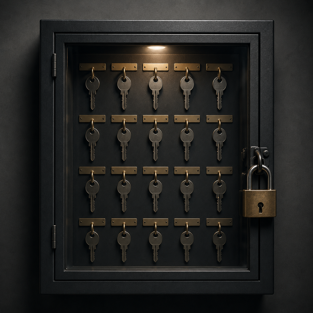 A wall-mounted key cabinet sits behind a locked glass door. Rows of identical keys hang neatly inside, clearly visible but inaccessible.