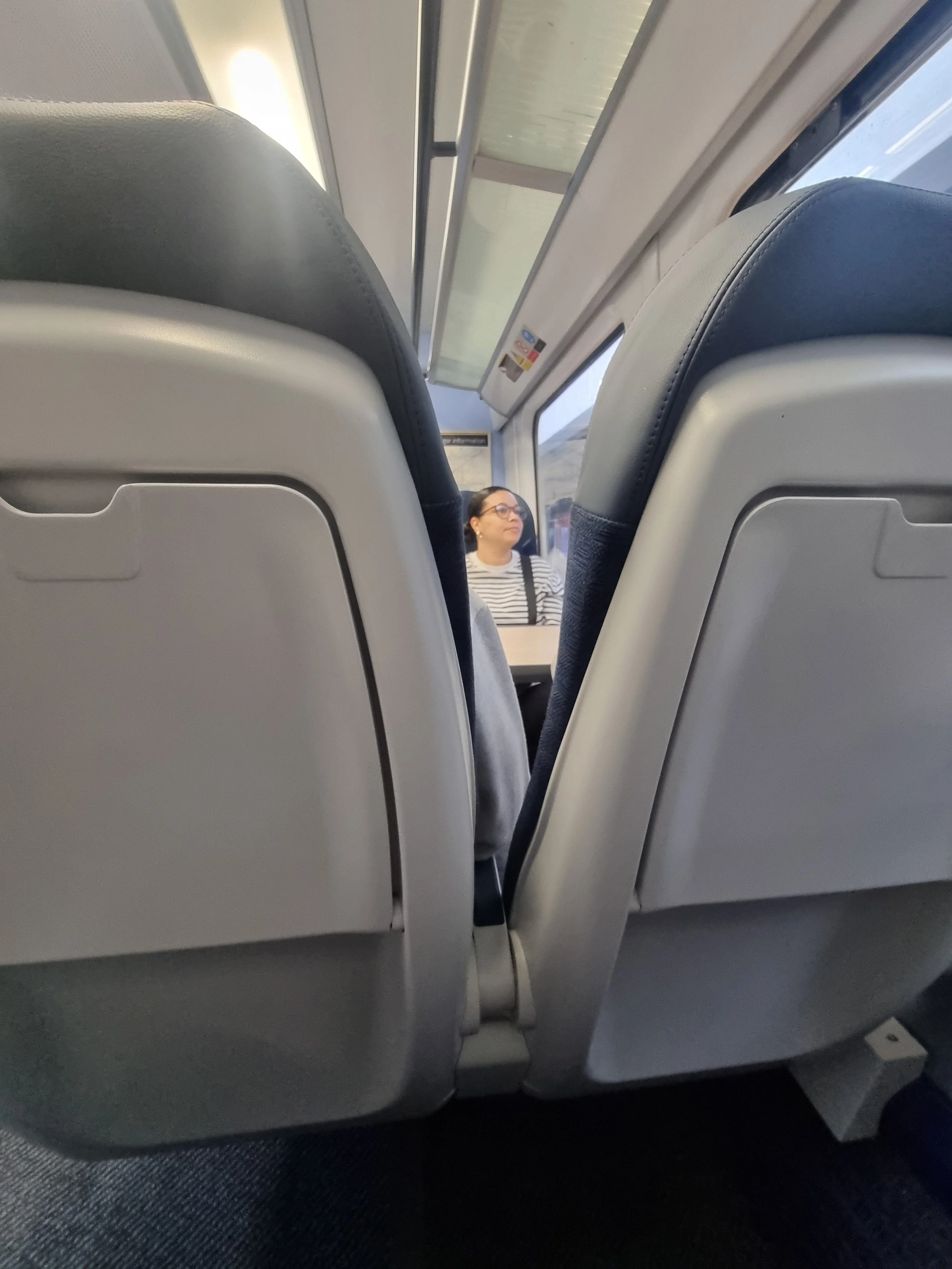 A view from behind two train seats, looking forward down the aisle. The seats frame the image on both sides, creating a narrow, partially blocked perspective. A woman sits further ahead by the window, slightly out of focus.