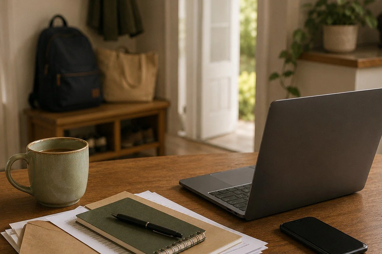 A laptop, smartphone, green notebook, pen, envelopes and papers sit on a wooden table beside a green ceramic mug.