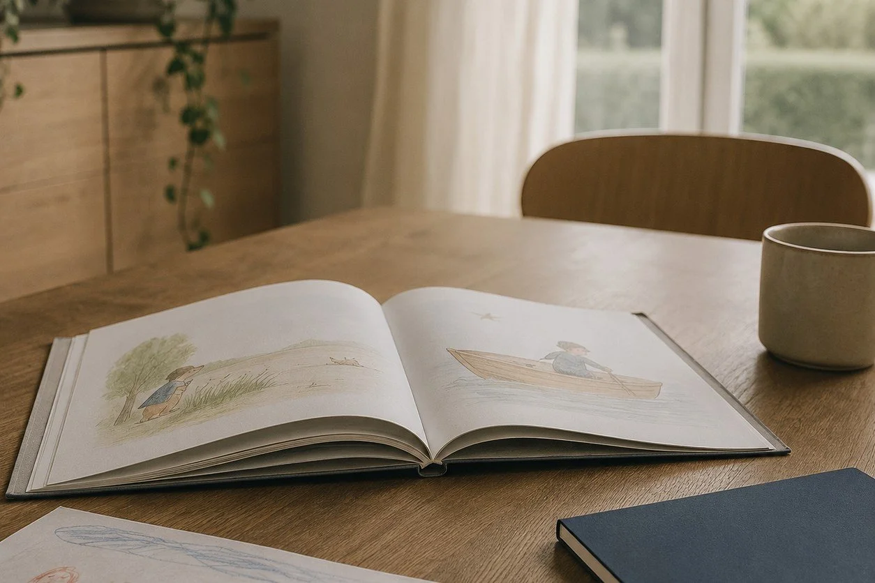 An open children’s storybook rests on a wooden dining table beside a child’s drawing, a pencil, and a closed notebook. Soft natural daylight filters through a nearby window, creating a calm, everyday family atmosphere. No people are visible.