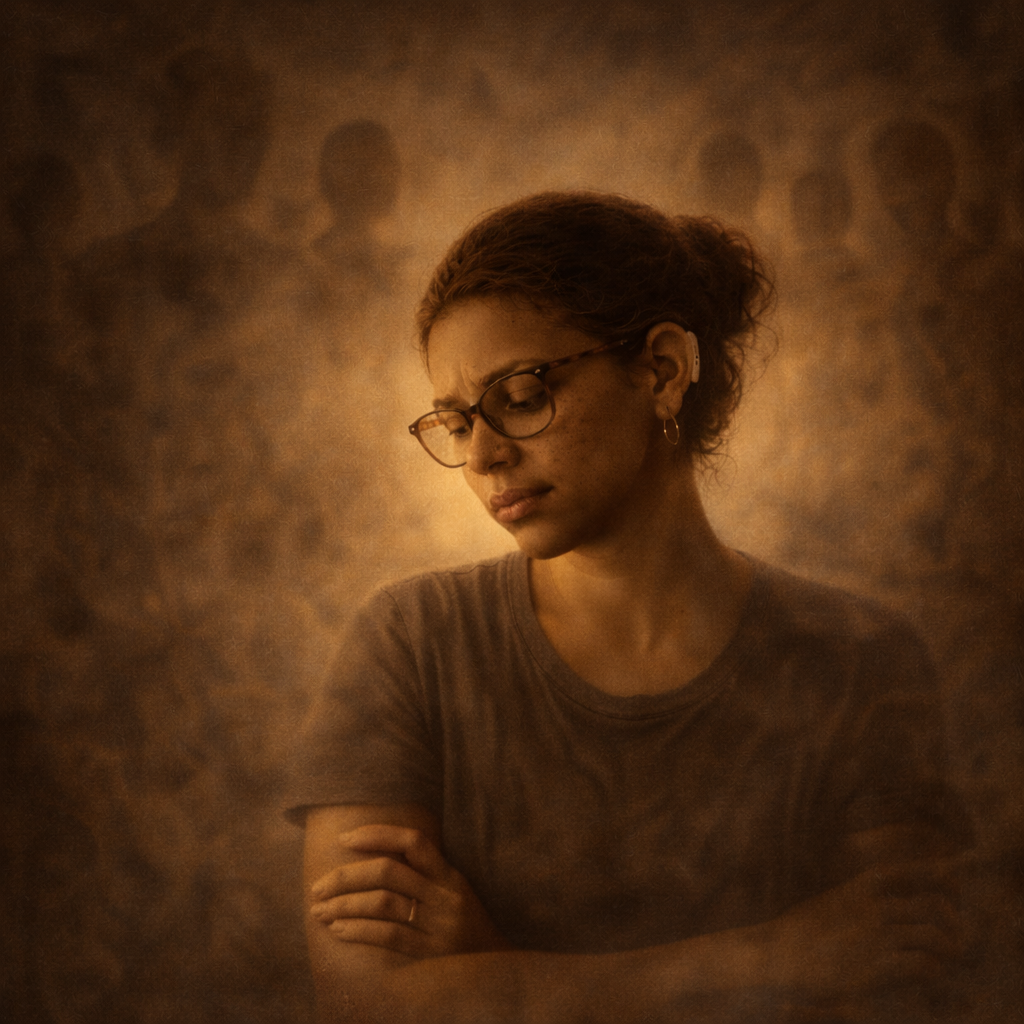 Sepia-toned oil painting of a woman sitting with her arms crossed, head lowered, and eyes cast down beneath soft amber light. She wears glasses, hearing technology behind her ear, and a dark t-shirt.