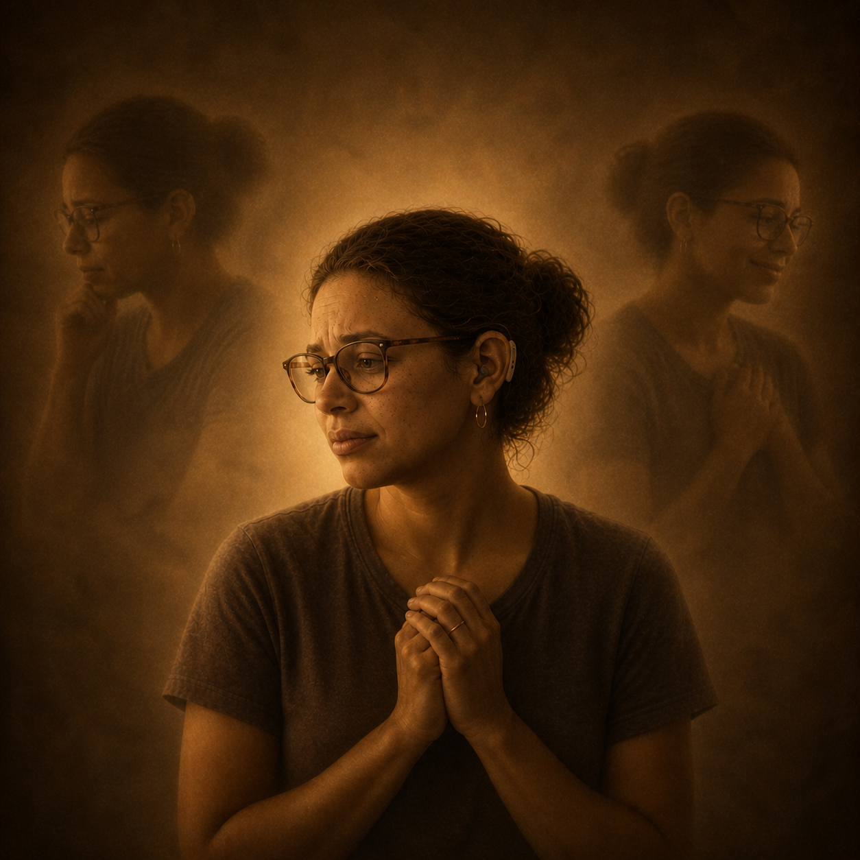 Sepia-toned oil painting of a woman sitting with her hands clasped near her chest, looking softly to the side beneath warm amber light. She wears glasses, hearing technology behind her ear, and a dark t-shirt.