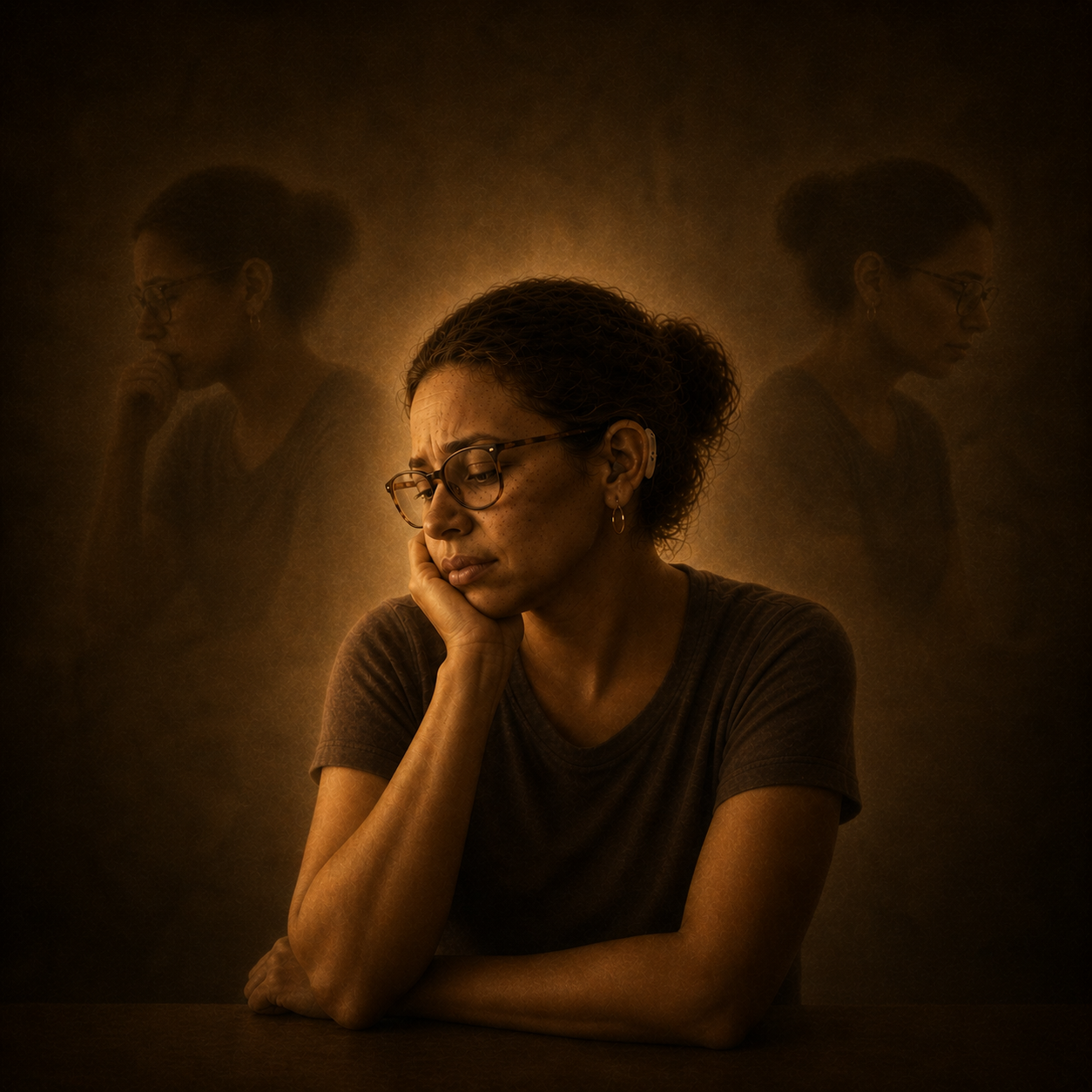 Sepia-toned oil painting of a woman resting her face against one hand while sitting at a table beneath soft amber light. She wears glasses, hearing technology behind her ear, and a dark t-shirt.