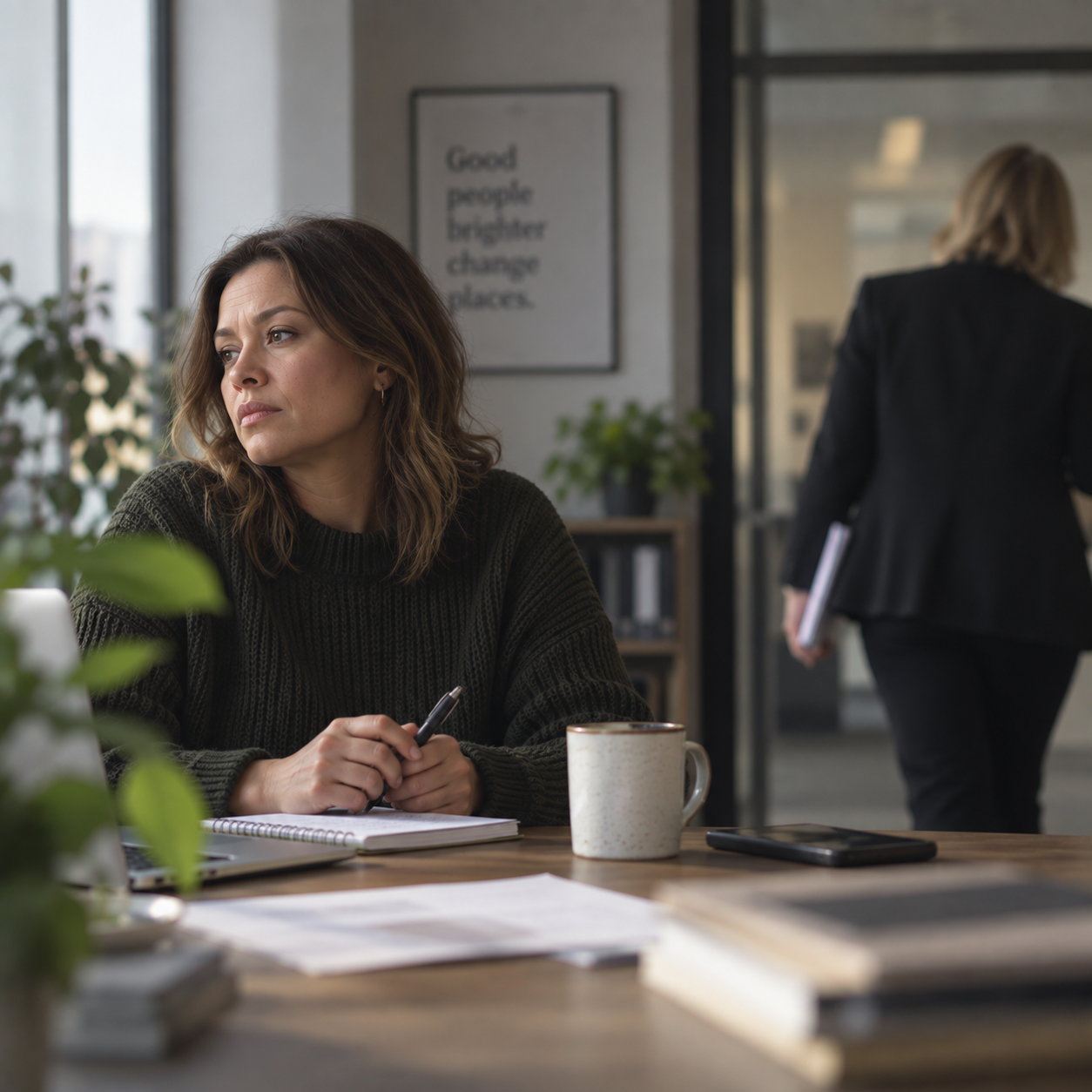 A softly lit office scene shows a woman sitting in the foreground, looking still and thoughtful after a difficult moment. In the background, another person is already walking away, creating a sense of emotional distance and dismissal.