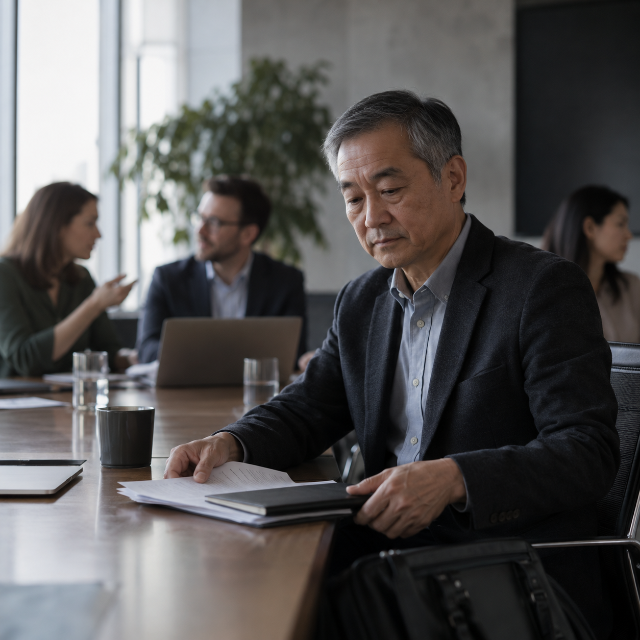 Softly lit meeting room scene with an older East Asian man seated side-on at a conference table, quietly gathering papers in front of him. Other colleagues sit farther away in soft focus, continuing their own conversation.