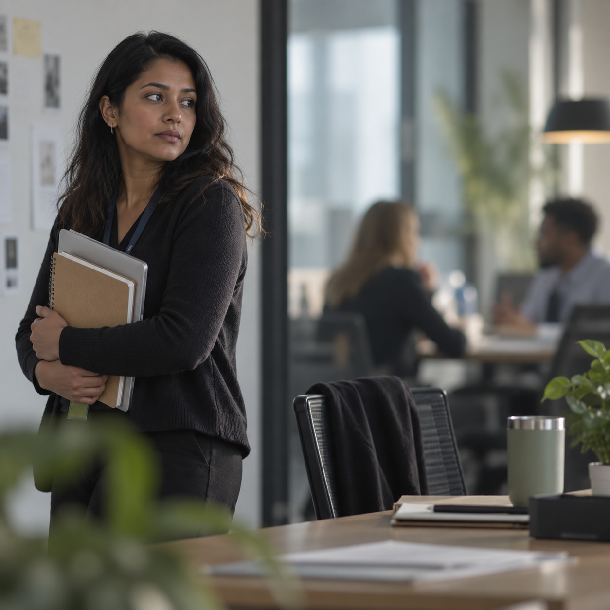 A softly lit office scene shows a woman standing slightly apart, holding her things, while a small group talks in the background. She looks quiet and reflective, facing toward the others but not included in the conversation.
