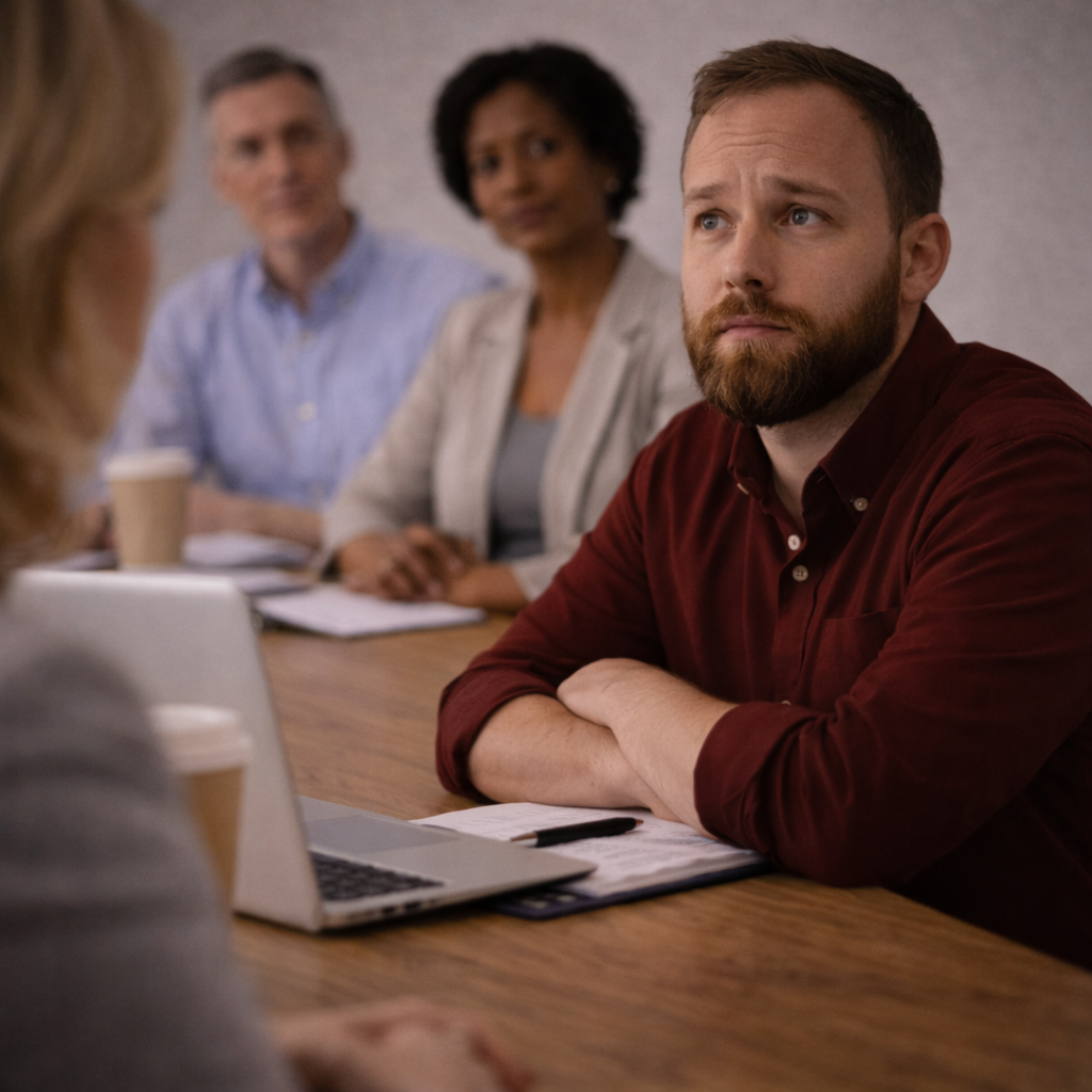 Soft, muted photograph of a meeting setting with several people seated around a table. In the foreground, one person sits in focus with arms resting near a notebook, looking slightly upward with a quiet, attentive expression.