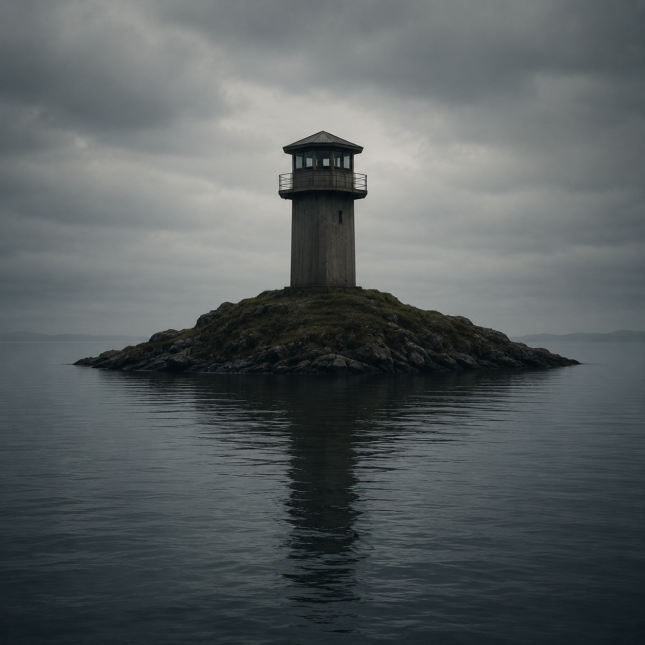 A solitary watchtower stands on a small rocky island surrounded by still water. The tower is clearly visible from a distance, yet there is no bridge, boat, path, or visible way to reach it.