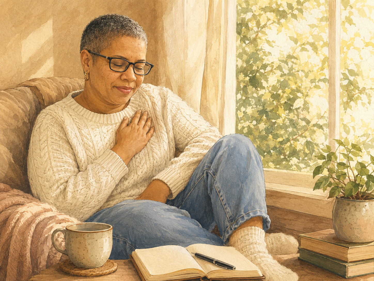 Watercolour-style illustration of a woman with short curly hair and glasses resting beside a bright window, one hand gently over her chest. An open journal and pen sit in front of her alongside a mug, books and a plant, creating a quiet scene of refl