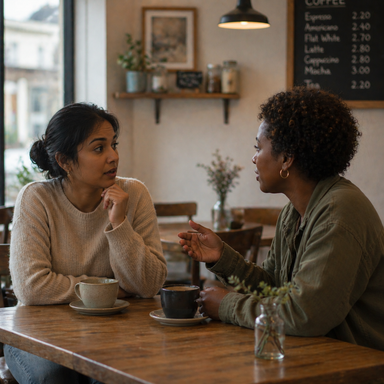 Soft, muted photograph of two women sitting in a café having a quiet conversation. One woman pauses thoughtfully as she listens, processing what she has just heard.
