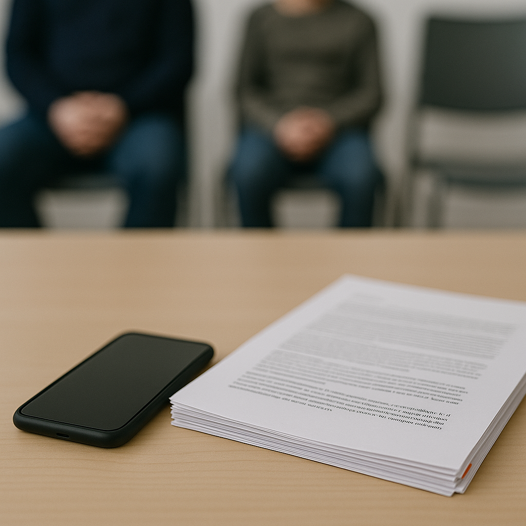 Symbolic photograph: A smartphone and a stack of documents rest on a wooden table in the foreground. In the blurred background, two seated figures sit side by side with their hands in their laps. The scene is softly lit.