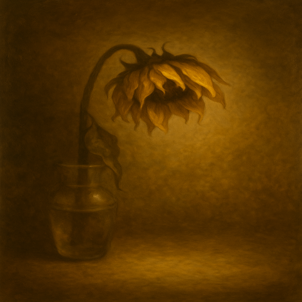 Sepia-toned image of a wilted flower in a glass, symbolising exhaustion, survival fatigue, and emotional depletion.