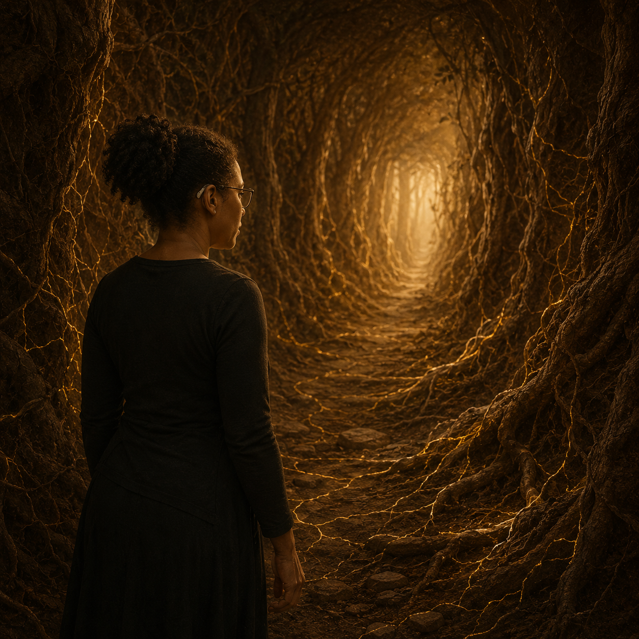 A Black woman with glasses and a visible hearing aid stands in a dark tunnel formed from tangled roots and threads, looking towards a warm golden light at the end of the path.