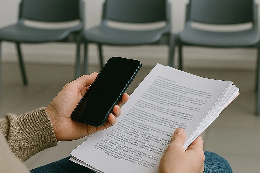 A seated person wearing a beige long-sleeved top and blue jeans holds a black smartphone with a dark screen in one hand and a stack of printed documents in the other. Three empty grey chairs are visible against a pale wall in the background.